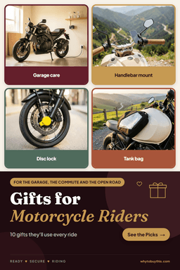 Pinterest pin titled "Gifts for Motorcycle Riders" with four photos: garage care, handlebar mount, disc lock and tank bag.