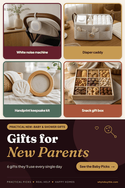 Pinterest pin titled "Gifts for New Parents" with four photos: white noise machine, diaper caddy, handprint keepsake kit and snack gift box.