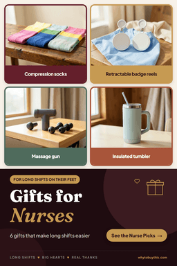 Pinterest pin titled "Gifts for Nurses" with four photos: compression socks, retractable badge reels, massage gun and insulated tumbler.