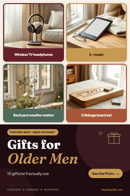 Pinterest pin titled "Gifts for Older Men" with four photos: wireless TV headphones, e-reader, backyard weather station and cribbage board set.