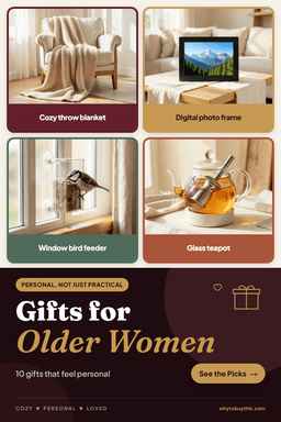 Pinterest pin titled "Gifts for Older Women" with four photos: cozy throw blanket, digital photo frame, window bird feeder and glass teapot.