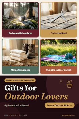 Pinterest pin titled "Gifts for Outdoor Lovers" with four photos: rechargeable headlamp, pocket multitool, merino hiking socks and packable outdoor blanket.