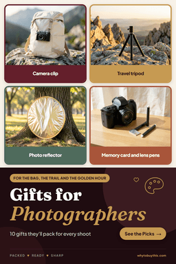 Pinterest pin titled "Gifts for Photographers" with four photos: camera clip, travel tripod, photo reflector and memory card and lens pens.