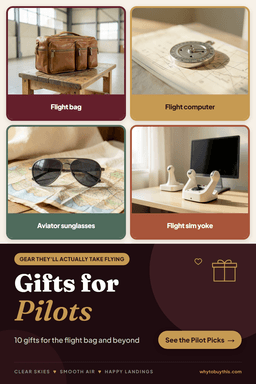 Pinterest pin titled "Gifts for Pilots" with four photos: flight bag, flight computer, aviator sunglasses and flight sim yoke.