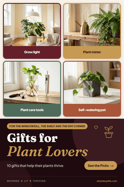 Pinterest pin titled "Gifts for Plant Lovers" with four photos: grow light, plant mister, plant care tools and self-watering pot.