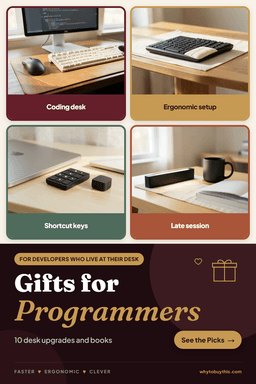 Pinterest pin titled "Gifts for Programmers" with four photos: coding desk, ergonomic setup, shortcut keys and late session.