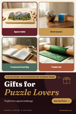 Pinterest pin titled "Gifts for Puzzle Lovers" with four photos: jigsaw table, brain teasers, crossword morning and puzzle mat.