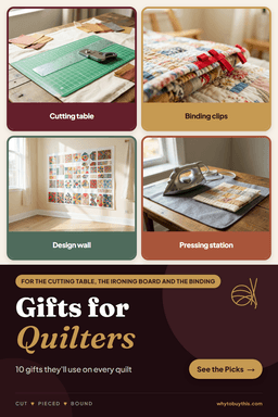 Pinterest pin titled "Gifts for Quilters" with four photos: cutting table, binding clips, design wall and pressing station.