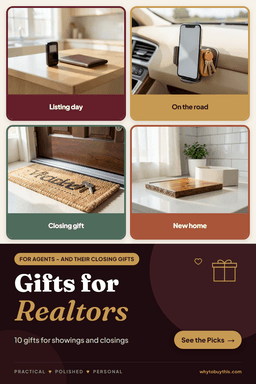 Pinterest pin titled "Gifts for Realtors" with four photos: listing day, on the road, closing gift and new home.