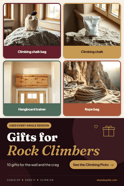 Pinterest pin titled "Gifts for Rock Climbers" with four photos: climbing chalk bag, climbing chalk, hangboard trainer and rope bag.