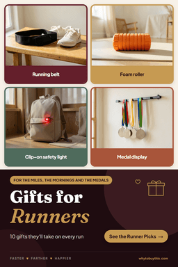 Pinterest pin titled "Gifts for Runners" with four photos: running belt, foam roller, clip-on safety light and medal display.
