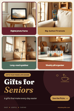 Pinterest pin titled "Gifts for Seniors" with four photos: digital photo frame, big-button TV remote, long-reach grabber and weekly pill organizer.