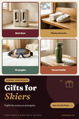 Pinterest pin titled "Gifts for Skiers" with four photos: boot dryer, merino ski socks, ski goggles and vacuum bottle.