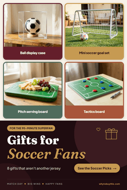 Pinterest pin titled "Gifts for Soccer Fans" with four photos: ball display case, mini soccer goal set, pitch serving board and tactics board.