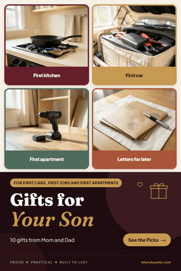 Pinterest pin titled "Gifts for Your Son" with four photos: first kitchen, first car, first apartment and letters for later.