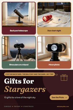 Pinterest pin titled "Gifts for Stargazers" with four photos: backyard telescope, star chart night, binoculars on a tripod and moon photo.