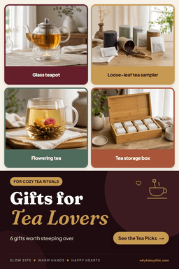 Pinterest pin titled "Gifts for Tea Lovers" with four photos: glass teapot, loose-leaf tea sampler, flowering tea and tea storage box.
