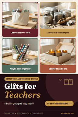 Pinterest pin titled "Gifts for Teachers" with four photos: canvas teacher tote, loose-leaf tea sampler, acrylic desk organizer and scented candle trio.