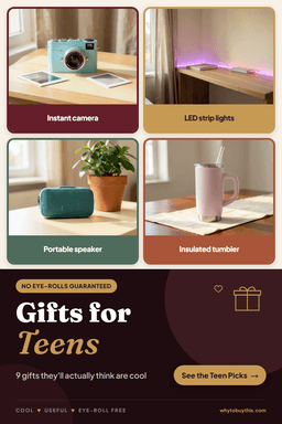 Pinterest pin titled "Gifts for Teens" with four photos: instant camera, lED strip lights, portable speaker and insulated tumbler.