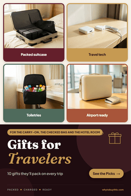 Pinterest pin titled "Gifts for Travelers" with four photos: packed suitcase, travel tech, toiletries and airport ready.