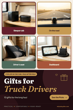 Pinterest pin titled "Gifts for Truck Drivers" with four photos: sleeper cab, on the road, driver's seat and dashboard.