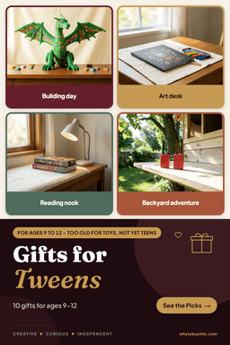Pinterest pin titled "Gifts for Tweens" with four photos: building day, art desk, reading nook and backyard adventure.