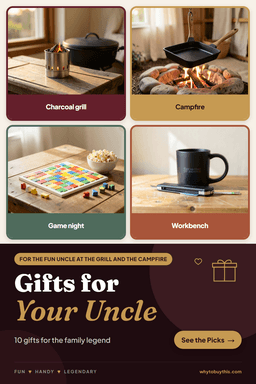 Pinterest pin titled "Gifts for Your Uncle" with four photos: charcoal grill, campfire, game night and workbench.