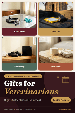 Pinterest pin titled "Gifts for Veterinarians" with four photos: exam room, farm call, shift ready and after work.