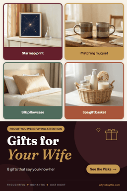 Pinterest pin titled "Gifts for Your Wife" with four photos: star map print, matching mug set, silk pillowcase and spa gift basket.