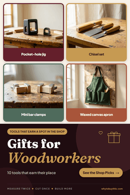 Pinterest pin titled "Gifts for Woodworkers" with four photos: pocket-hole jig, chisel set, mini bar clamps and waxed canvas apron.