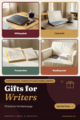Pinterest pin titled "Gifts for Writers" with four photos: writing desk, cafe draft, prompt time and reading nook.