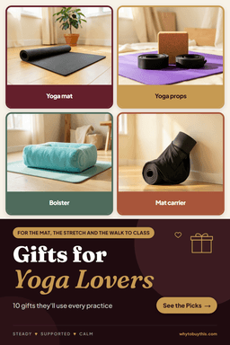 Pinterest pin titled "Gifts for Yoga Lovers" with four photos: yoga mat, yoga props, bolster and mat carrier.