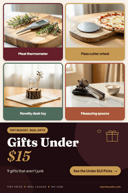 Pinterest pin titled "Gifts Under $15" with four photos: meat thermometer, pizza cutter wheel, novelty desk toy and measuring spoons.