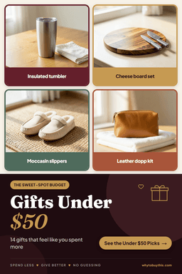 Pinterest pin titled "Gifts Under $50" with four photos: insulated tumbler, cheese board set, moccasin slippers and leather dopp kit.