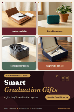 Pinterest pin titled "Smart Graduation Gifts" with four photos: leather padfolio, portable speaker, tech organizer pouch and engravable pen set.