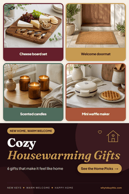 Pinterest pin titled "Cozy Housewarming Gifts" with four photos: cheese board set, welcome doormat, scented candles and mini waffle maker.