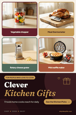 Pinterest pin titled "Clever Kitchen Gifts" with four photos: vegetable chopper, meat thermometer, rotary cheese grater and mini waffle maker.