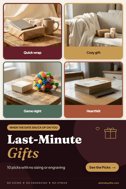 Pinterest pin titled "Last-Minute Gifts" with four photos: quick wrap, cozy gift, game night and heartfelt.