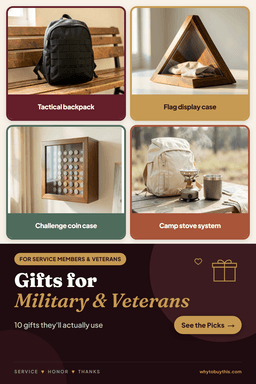 Pinterest pin titled "Gifts for Military & Veterans" with four photos: tactical backpack, flag display case, challenge coin case and camp stove system.