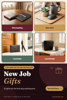 Pinterest pin titled "New Job Gifts" with four photos: first meeting, new desk, commute and lunch break.