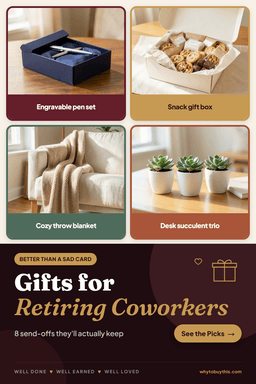 Pinterest pin titled "Gifts for Retiring Coworkers" with four photos: engravable pen set, snack gift box, cozy throw blanket and desk succulent trio.