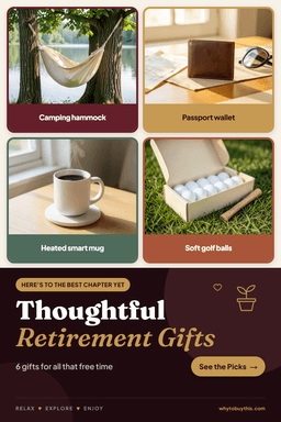 Pinterest pin titled "Thoughtful Retirement Gifts" with four photos: camping hammock, passport wallet, heated smart mug and soft golf balls.