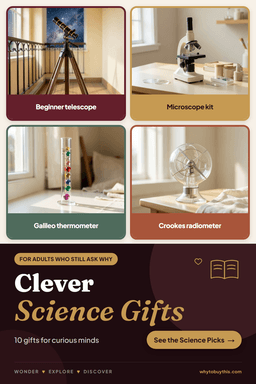 Pinterest pin titled "Clever Science Gifts" with four photos: beginner telescope, microscope kit, galileo thermometer and crookes radiometer.