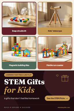 Pinterest pin titled "STEM Gifts for Kids" with four photos: snap circuits kit, kids' telescope, magnetic building tiles and marble run coaster.
