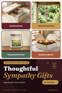 Pinterest pin titled "Thoughtful Sympathy Gifts" with four photos: comfort care box, memorial wind chime, keepsake photo frame and scented candle trio.