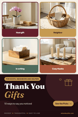 Pinterest pin titled "Thank You Gifts" with four photos: host gift, neighbor, in writing and cozy thanks.