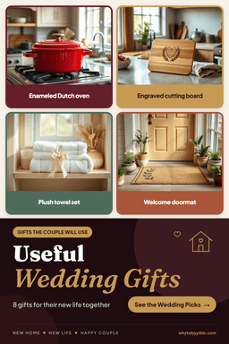 Pinterest pin titled "Useful Wedding Gifts" with four photos: enameled Dutch oven, engraved cutting board, plush towel set and welcome doormat.