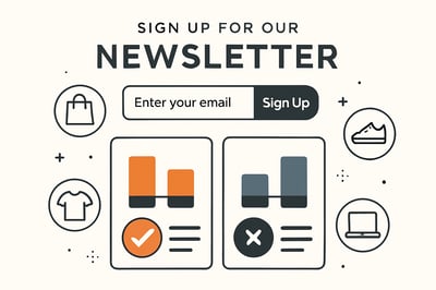 Newsletter signup illustration with comparison charts and product icons