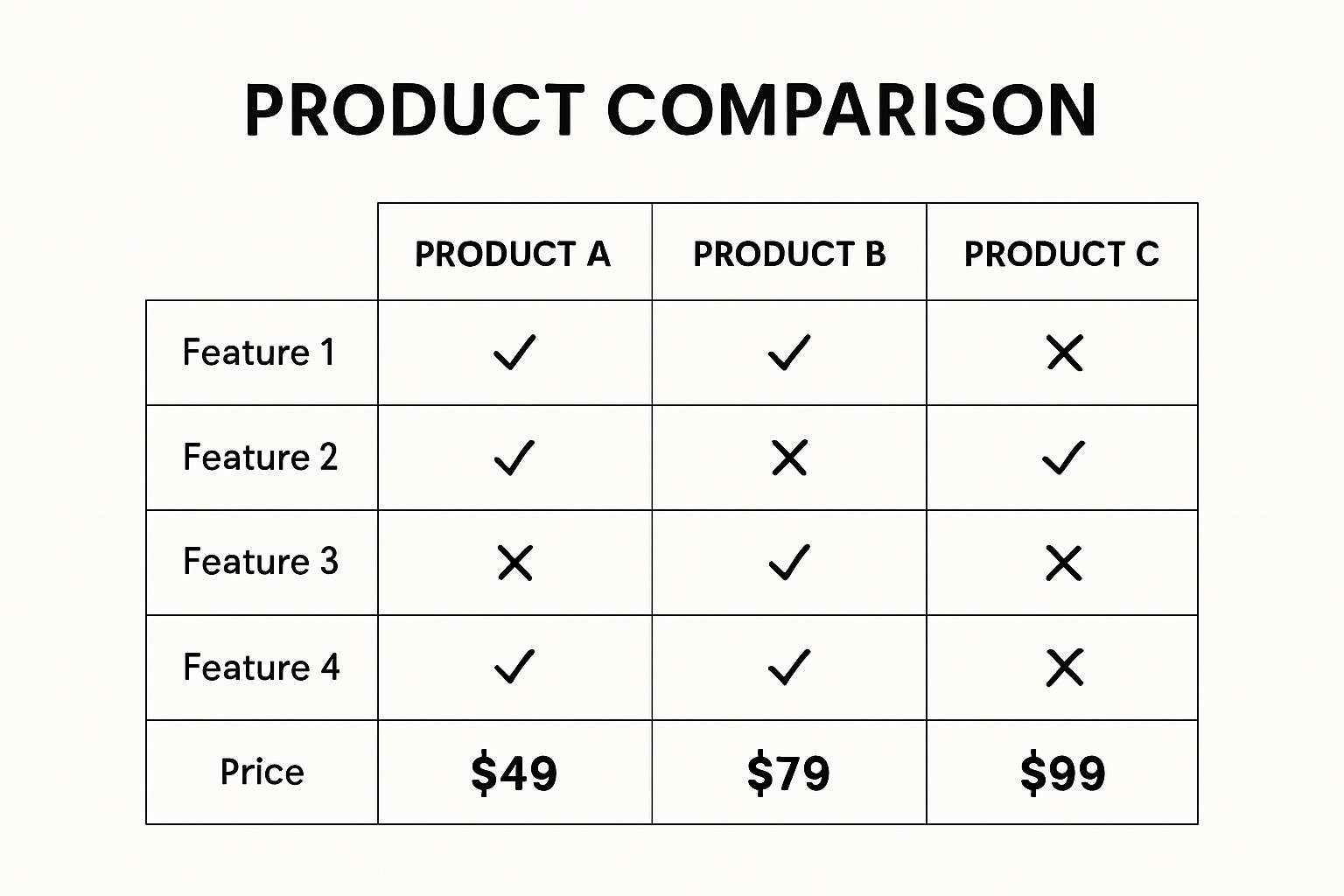 Product comparison chart with features and prices