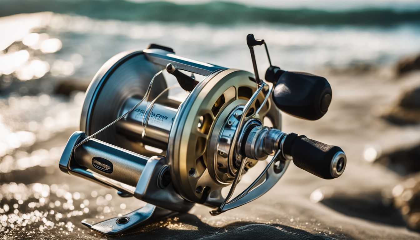 Close-up of a fishing reel in saltwater with crashing waves.